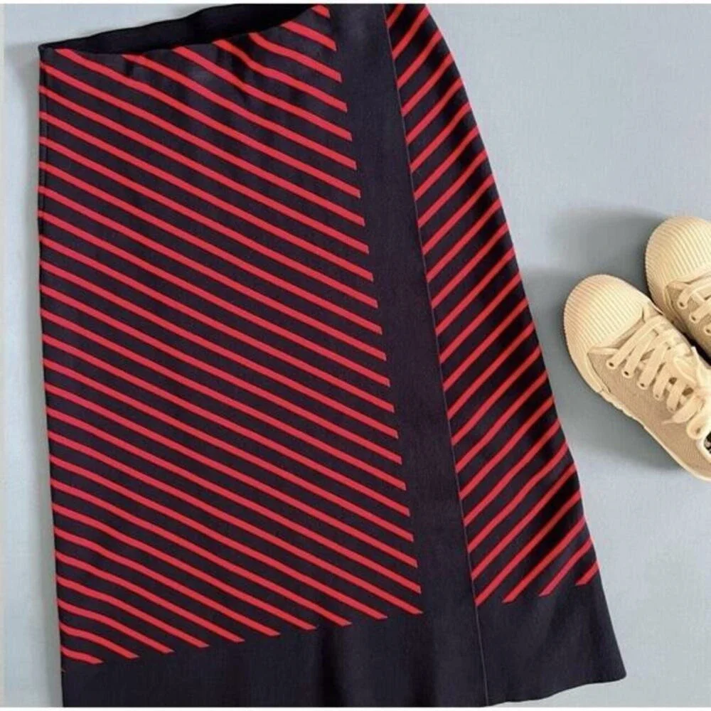 Tory Burch Anya‎ Knit Faux Wrap Medium Navy Blue Nantucket Red A-Line Midi Skirt